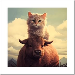 Feline Meets Bovine: Whimsical Cats and Gentle Cows Posters and Art